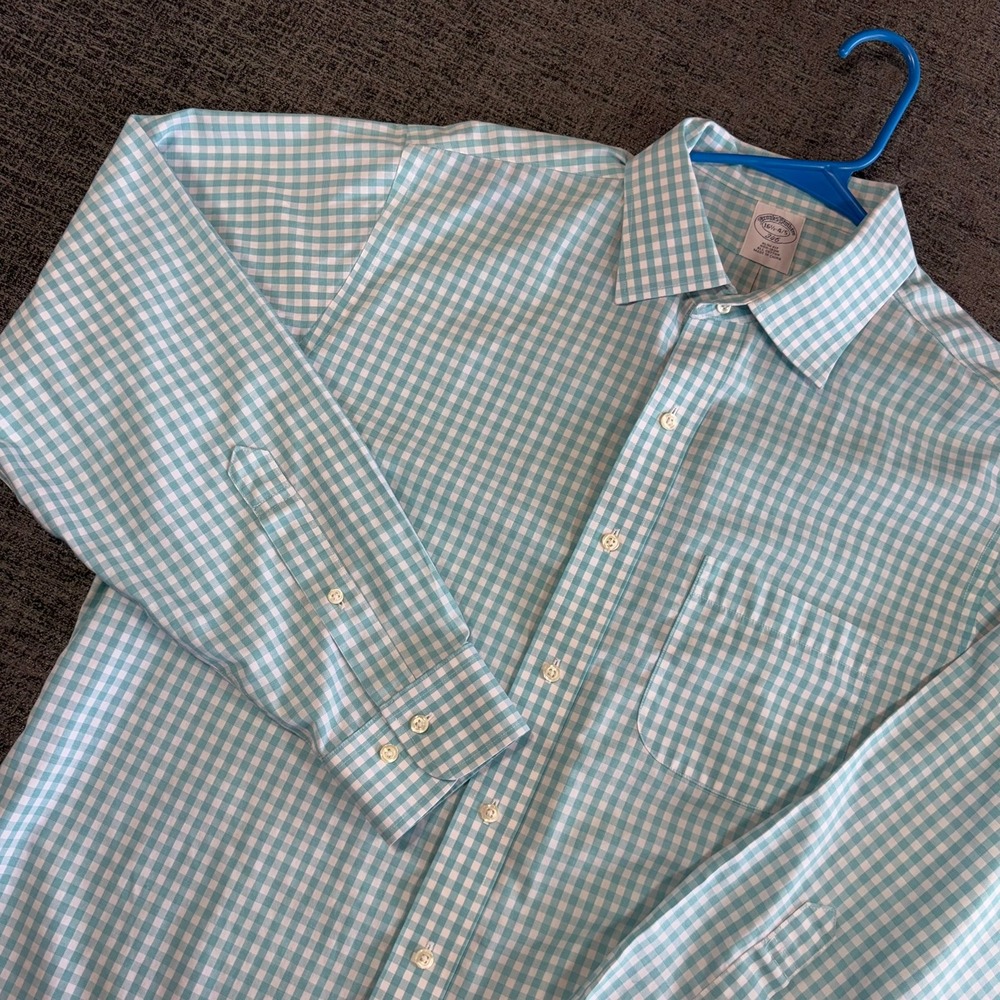 Brooks Brothers Dress Shirt Mens 16.5 34/35 Blue Gingham Slim Fit Non-Iron 346